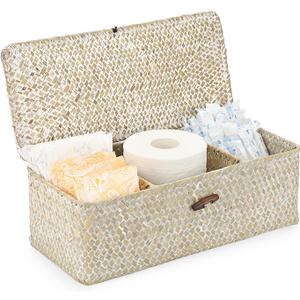 Sumnacon Small Woven Basket for Shelf Wicker Shelf Storage Basket with Sections Seagrass Storage Baskets with Lid for Tampon Toiletry Rectangular Storage Basket for Shelf Bathroom Table Desk Whitewash (Medium)