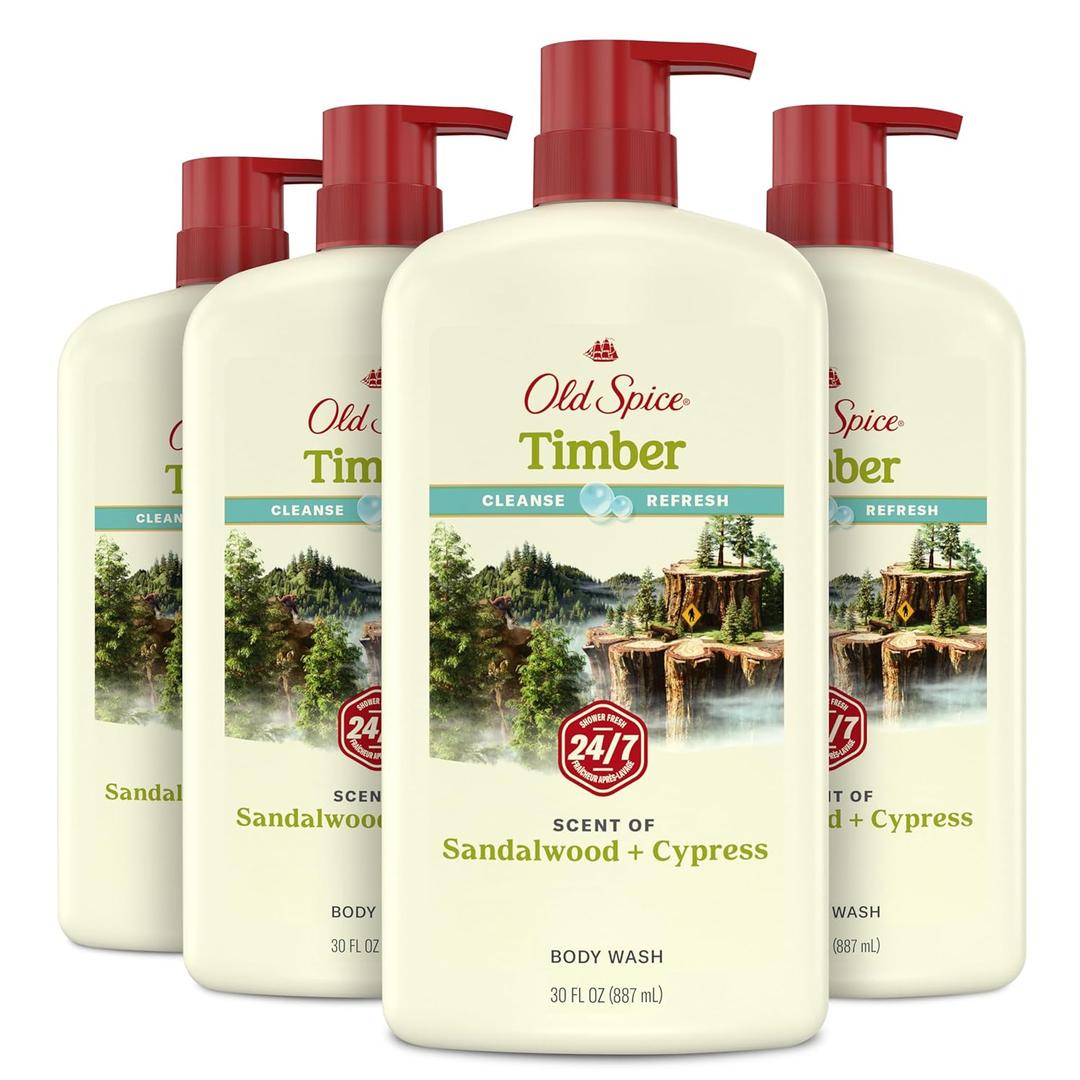 Old Spice Cleansing Body Wash for Men, 24/7 Shower Fresh with Lasting Scent, Cleanse & Refresh, Gentle on Skin, Vitamin B3, Timber with Sandalwood + Cypress Scent, 30 oz (Pack of 4)