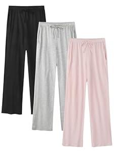 Wenouy 3 Pack Womens Cotton Pajama Pants Lightweight Soft Loose Casual Lounge Pants Pajama Bottoms PJ Sleepwear with Pockets XX-Large, Black, Light White Grey, Light Pink