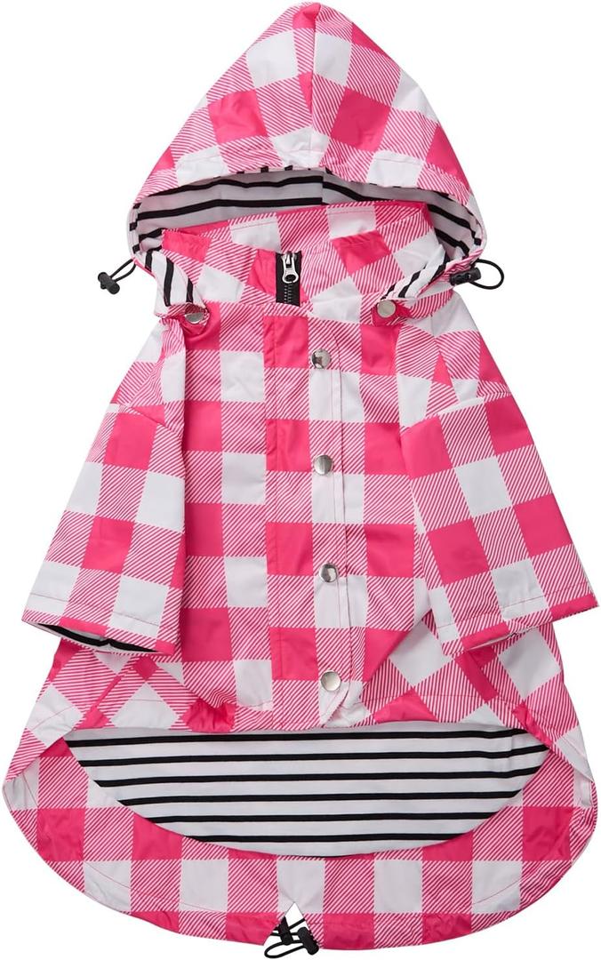 Dog rain Coat Waterproof Raincoat Puppy Jacket with Legs Buttons Zipper Hood Drawstring Fit for Yorkie Terrier Schnauzer Poodle Border Collie Labrador Golden Retriever 8lbs to 80lbs Pink Plaid, M