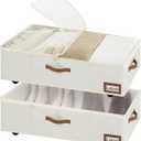 StorageWorks Under Bed Storage with Wheels, 10'' Underbed Storage Containers with Lid, 90L Clothes Organizer for Blankets, Sweaters, Bedding, 2-Pack, Beige