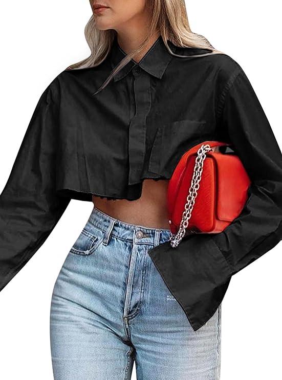 Women Cropped Button Down Shirt Asymmetric Hem Long Sleeve Collared Blouse Top Size M