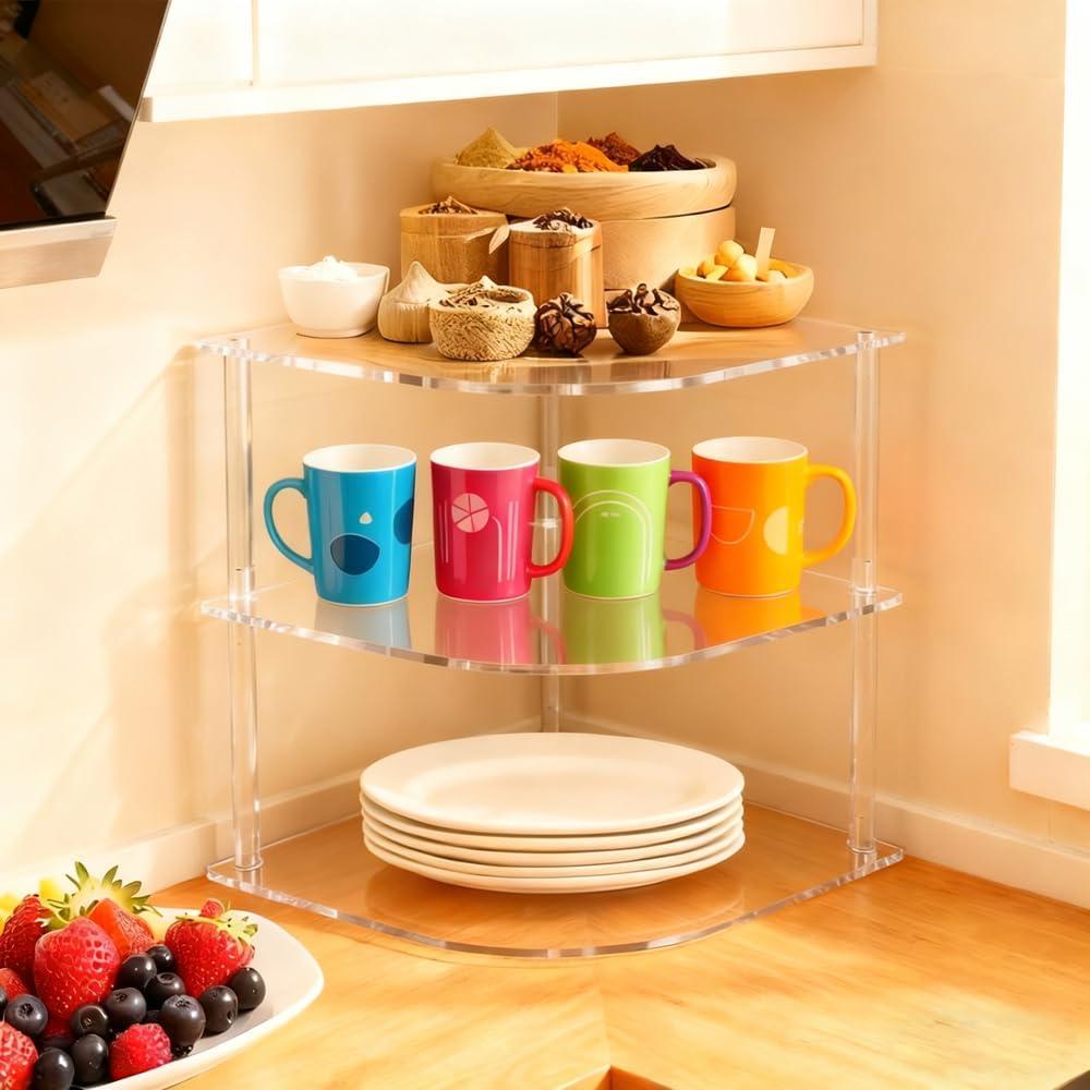 Plate Organizer for Cabinet Space Saver, Clear Acrylic 3-Tier Corner Shelf for Kitchen Storage, Holds Dishes and Bowls, Compact Bathroom Shelf for Organized Spaces