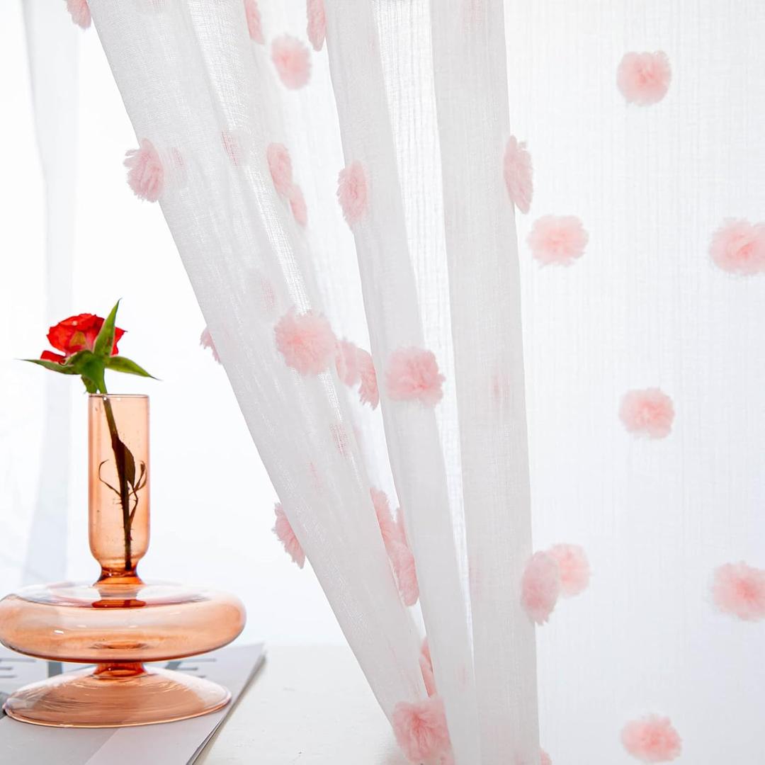 MYSKY HOME 108 Inch Curtains for Living Room Extra Long Pink Pom Pom Curtains for Bedroom 2 Sets Large White Sheer Curtains Dining Room Rod Pocket Backdrops Window Drapes 52 x 108 in