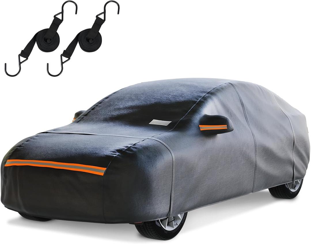 Sedan Car Cover Waterproof All Weather for AutomobilesOutdoor Heavy Duty Full Exterior Covers with Zipper Door, Rain Sun Snow Dust UV Protection, Windproof Straps & Reflective Strips(Up to 169") (Black)