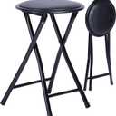 FurnitureR Folding Stool, Backless 18-Inch Stool Chair Collapsible Padded Round Portable for Indoor/Outdoor, Metal Frame, PVC Cushion, No Assembly Required, Set of 1, Black