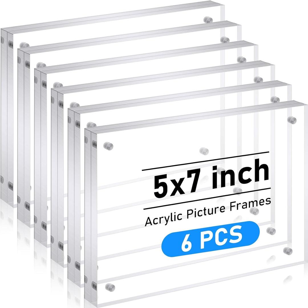 Kigley 6 Pcs 5 x 7 Inch Acrylic Picture Frames, Clear Acrylic Photo Business Card Frame Desktop Display Double Sided Wallet Size Frame Freestanding Frames for Film Photos Cards Stamp