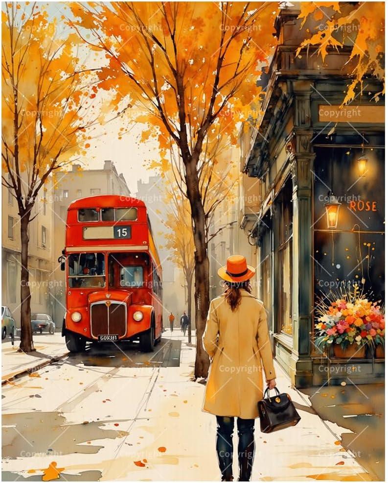 Street Paint by Numbers Kit for Adults - DIY Woman in Autumn Street with Red Bus and Flower Store Painting on Canvas 16x20 Inches, Acrylic Paint Set for Beginners,Art for Decoration or Gifts