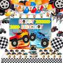 Monster Truck Party Supplies Set, Decorations with Banner, Hanging Swirls, Backdrop, Table Cloth, Balloons, Cake Toppers