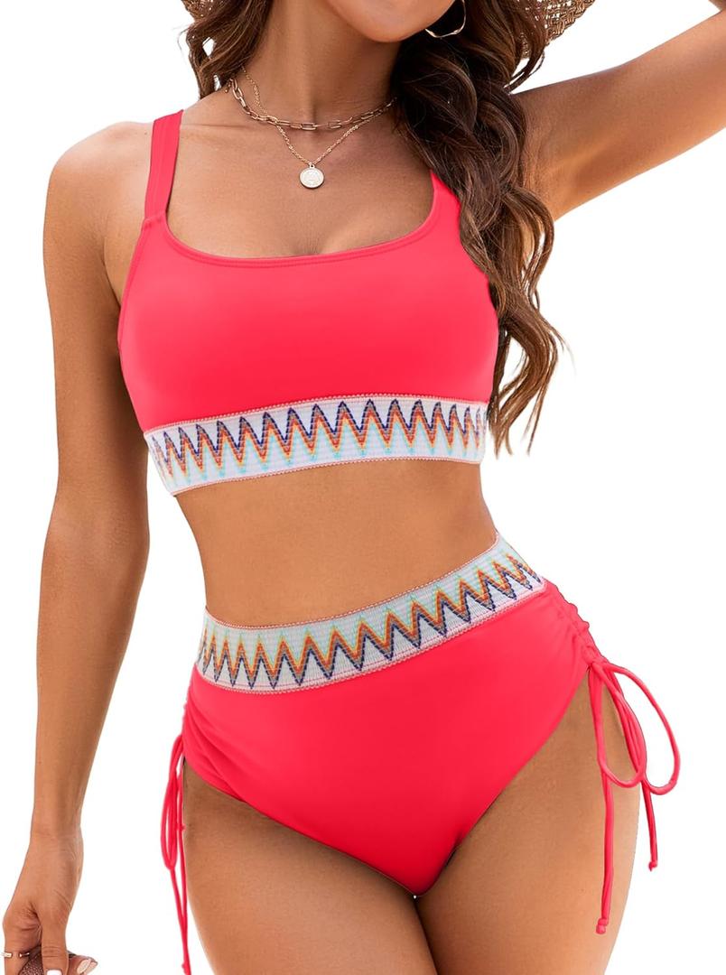 High Waisted Bikini Sets for Women Tummy Control Swimsuits Two Piece Bathing Suit Color Block Teens, S
