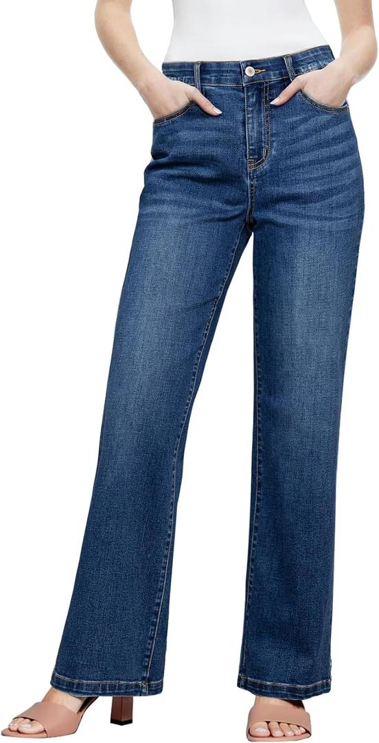 Sidefeel Women's Wide Leg Jeans High Waisted Tummy Control Stretchy Straight Leg Elastic Waist Trendy Denim Pants (12, Dark Blue)