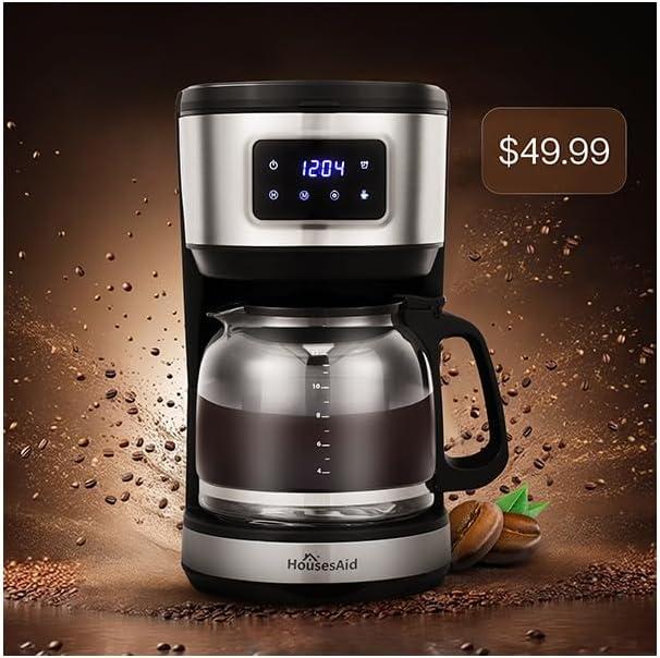12 Cup Programmable Coffee Maker,Touchscreen Drip Coffee Maker-12 Cup Keep-Warm Function, Auto Shut-Off,Stainless Steel Construction,Permanent Filter,Ideal for Home and Office Use (Silver-Black)