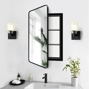 Recessed Medicine Cabinet with Mirror, 16x24''Farmhouse Black Metal Framed Bathroom Medicine Cabinet Mirror, Single Door Storage Cabinet Vanity Mirrors(Without Back Door Storage Shelf)