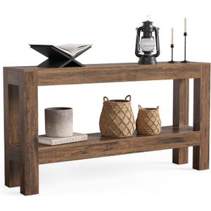 LITTLE TREE 63-Inch Narrow Long Console Table for Living Room, Farmhouse Wood Entryway Table for Hallway, Sofa, Entry, Entrance, Foyer, Behind Couch with 2-Tier Shelves, Brown