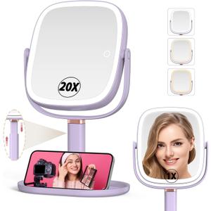 Mocado Makeup Mirror with Lights, 1X/20X Magnifying Mirror with Light, Vanity Mirror with 3 Colors Lights, Height Adjustable Lighted Makeup Mirror, Double Sided 360Rotation, Memory Function (Purple)