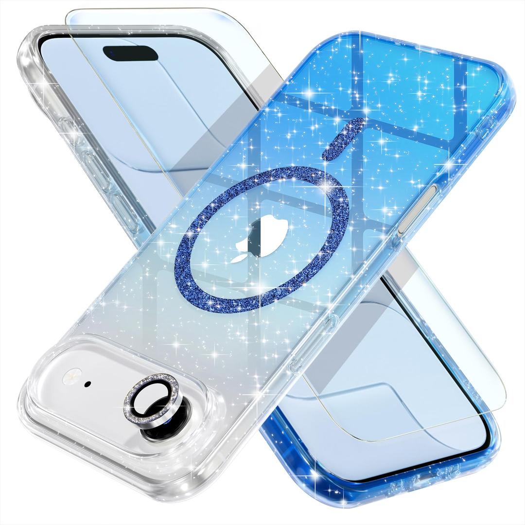 Choiche Magnetic for iPhone 17 Air Case Women Phone Case, Compatible with Mag-Safe, Cute Bling Sparkly, Military Grade Protection, with Diamond Camera Lens Covers, 6.5-inch, Glitter Clear/Blue