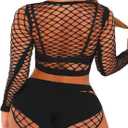Women's Mesh Lingerie Fishnet Babydoll Mini Dress Bodysuit See Through Shirts Long Sleeves Lingerie Bodysuit Cover Up (Black4)