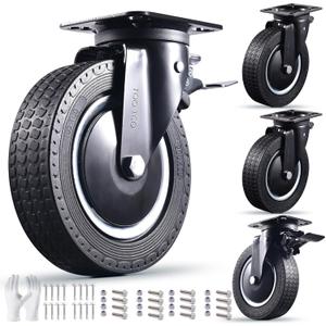 Heavy Duty 8 Inch Caster Wheels Set of 4 Industrial Swivel Locking Casters with Brake 3200 Lbs Load Capacity Rubber Wheels for Cart, Furniture, Workbench Outdoor Black Castors, Includes Bolts & Screws