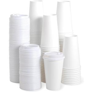 JOLLY PARTY [100 Pack] 16 oz Paper Coffee Cups, Disposable Paper Cup with Lids, Hot/Cold Beverage Drinking Cup for Water, Juice, Coffee or Tea, Suitable for Home, Shops and Cafes (White)