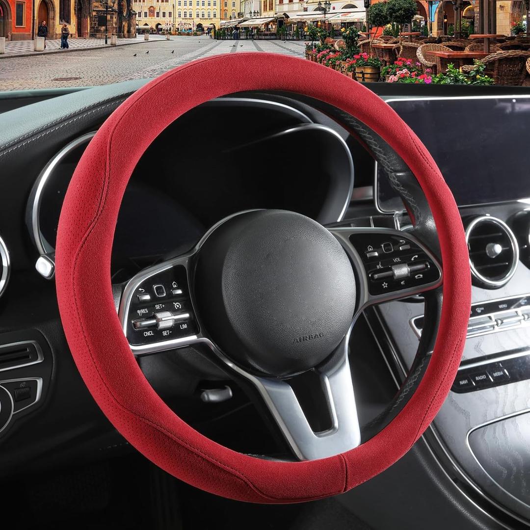 Red Suede Steering Wheel Cover, Breathable Non-Slip Sweat-Proof Wear-Resistant No Pilling, Warm in Winter and Cool in Summer, Universal 15 inch