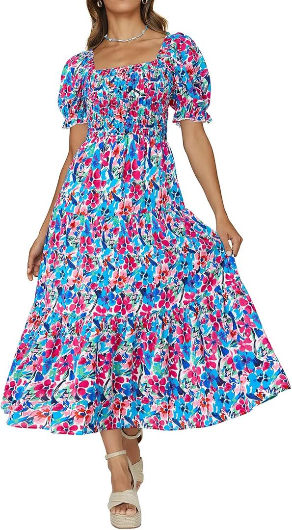 PRETTYGARDEN Women's Boho Floral Print Summer Dresses Square Neck Puff Sleeve A Line Long Dress Smocked Casual Maxi Dress (Silver, XL)