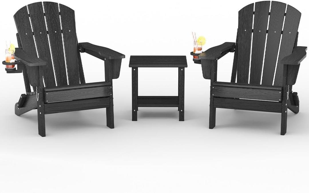 Folding Adirondack Chair Set of 2 with Side Table, HDPE All-Weather with Cup Holder, Chair x2+Table x1