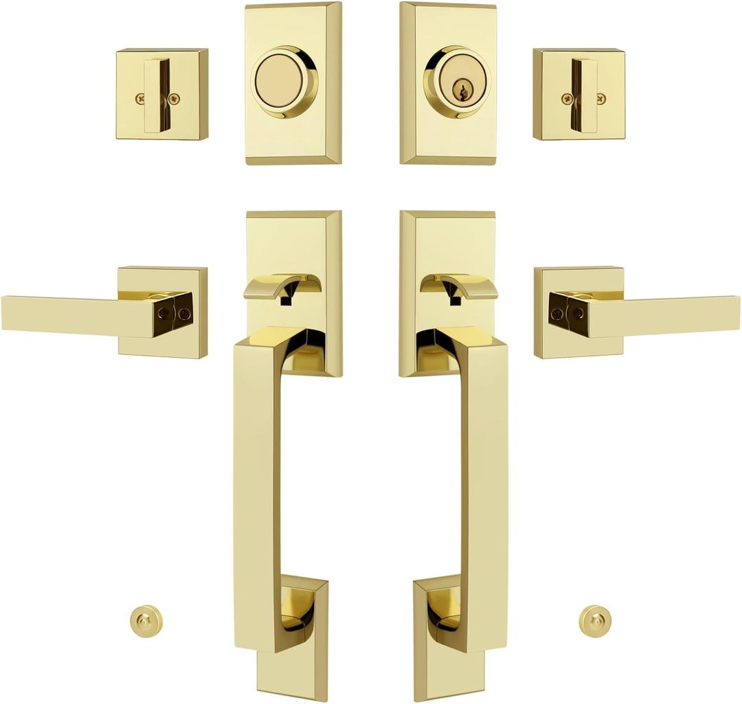 Double Front Door Lock Set, Keyed Entry Front Door Handleset with Dummy, Square Heavy Duty Door Lever and Single Cylinder Deadbolt Combo, Polished Brass Double Front Door Lock Set, Keyed Entry Front Door Handleset with Dummy, Square Heavy Duty Door Lever and Single Cylinder Deadbolt Combo, Polished Brass