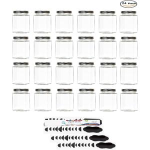 Hexagon Glass Jars by Nellam - 6oz, 24 Pack. Includes 48 Chalk Sticker Labels and 2x Chalk Pen. DIY Jars for Canning, Party Favors, Jams, Sauces, Herbs, Spices. (Silver Lid - 24 Pcs)