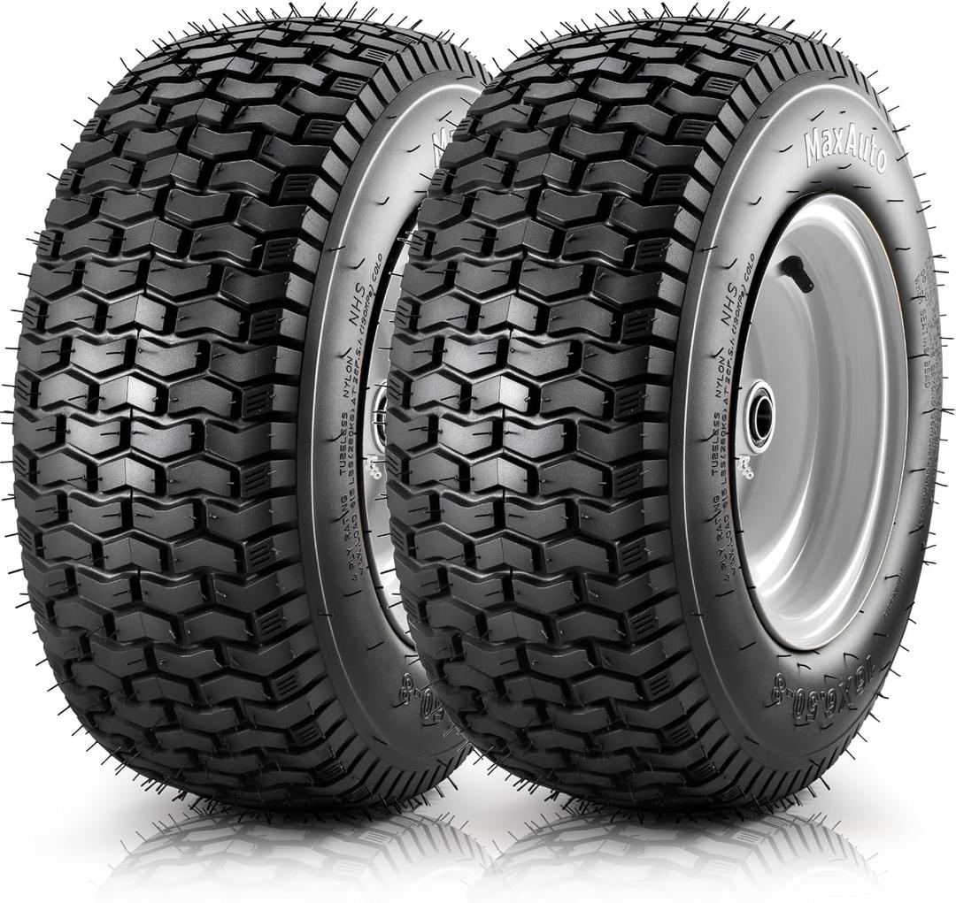 MaxAuto 16x6.50-8 Lawn Mower Tires with Rim, 16x6.5-8 Tractor Turf Tire Replacement for Craftsman/John Deere Riding Mowers Garden Tractor Tires, 3" Centered Hub, 3/4" Bearing, Tubeless