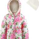 LONDON FOG Girls' Heavyweight Puffer Jacket With Beanie and Soft Fleece Lining (3T, Floral)