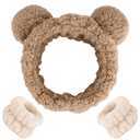AHONEY Spa Bear Ears Headband, Face Wash Wristband Set, Cute Makeup Skincare Headbands Wrist Bands for Washing Face Elastic Fluffy Headband for Women Girls Cosmetic (Khaki)