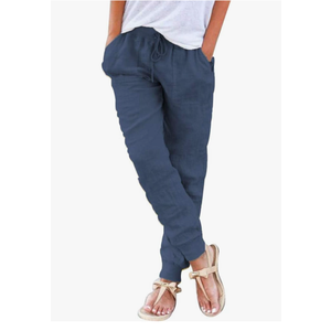 Puimentiua Womens Tapered Pants Cotton Linen Drawstring Back Elastic Waist Pants Casual Trousers with Pockets,L