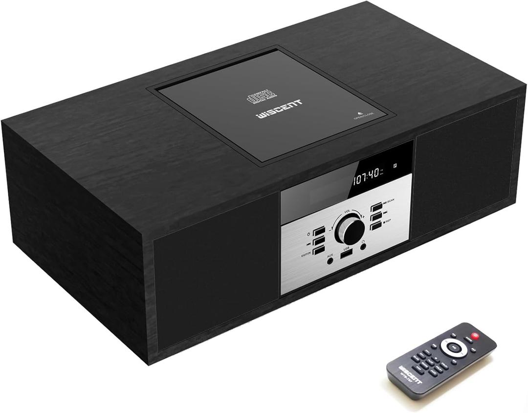 Nostalgic Bluetooth Stereo System for Home, WISCENT Vintage Micro HiFi Systems CD Player,with Bluetooth Audio Streaming,FM Radio,USB Port,Aux-in,Earphone Port (Black CD Player)