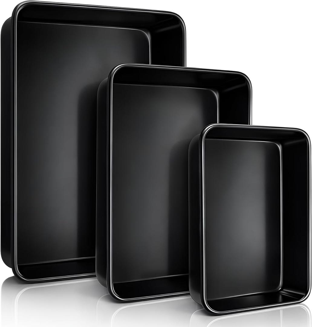 3 Pack Deep Baking Pan Set, 9/11/13 Inch Nonstick Roasting Pan, Rectangle Cake Pans, Heavy Duty Thickness Bakeware Roasting Tray, for Toaster Oven, Thanksgiving Christmas Roast Turkey(Black)
