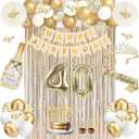 40th Birthday Decorations for Women, Champagne Gold 40th Birthday Decorations Women, 40 Sash and Crown, Banner, Fringe Curtains, Hanging Paper Fans, 40 and fabulous decor