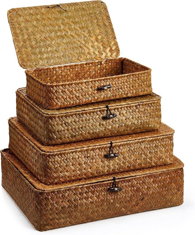 Set of 4 Seagrass Basket with Lid Wicker Storage Basket Decorative Storage Boxes with Lids Flat Storage Bins Woven Organizer Baskets for Shelf Closet Bedroom, 4 Sizes (Brown) Set of 4 Seagrass Basket with Lid Wicker Storage Basket Decorative Storage Boxes with Lids Flat Storage Bins Woven Organizer Baskets for Shelf Closet Bedroom, 4 Sizes (Brown)