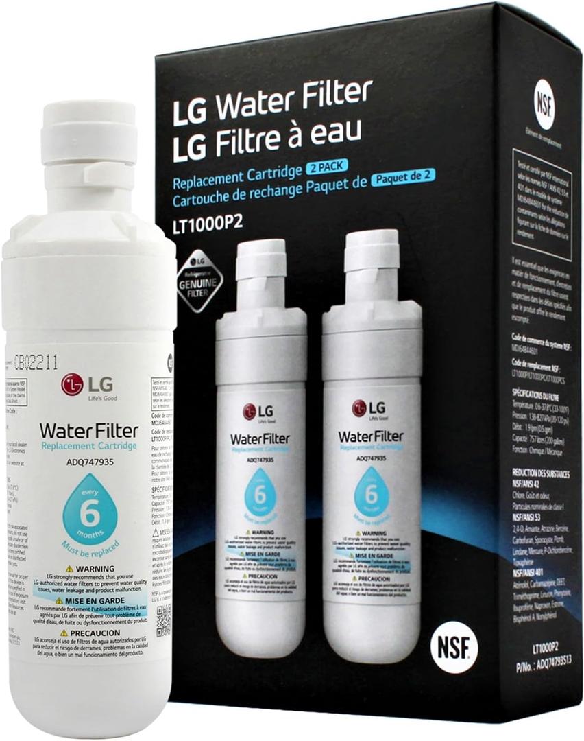 LG LT1000P2 6-Month / 200 Gallon Refrigerator Replacement Water Filter, Reduces Chlorine, 2 Count (Pack of 1), White.