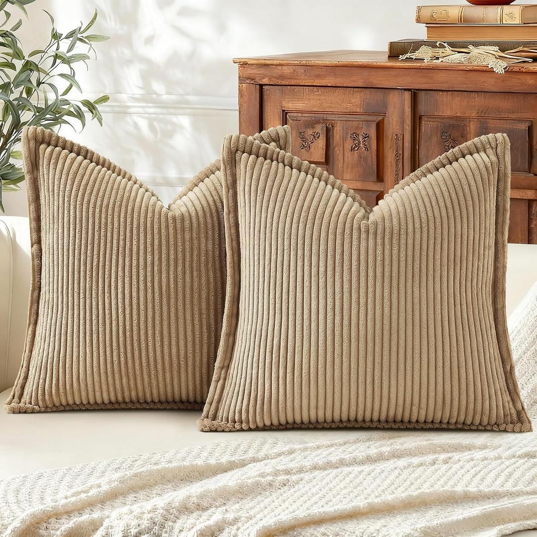Mecatny Corduroy Summer Throw Pillow Covers 18x18 Set of 2, Neutral Decorative Soft Boho Couch Pillow Covers with Broadside for Sofa Living Room, Khaki