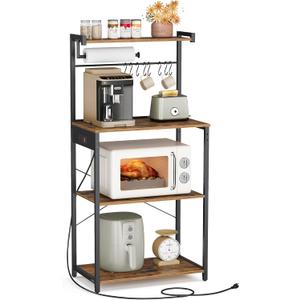 VASAGLE Kitchen Bakers Rack with Power Outlet, Coffee Bar 4-Tier with 8 S Hooks, Microwave Stand, Adjustable Shelf, for Small Spaces, Rustic Brown and Ink Black UKKS014K01V1