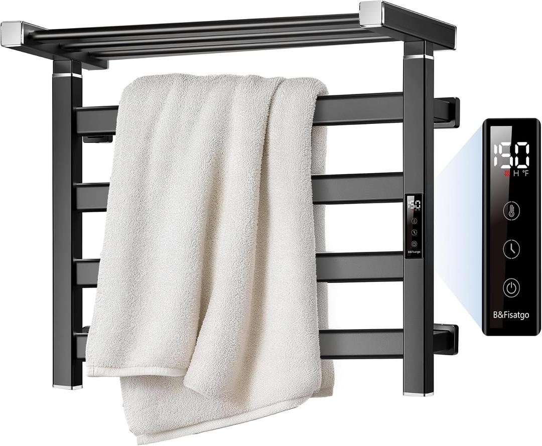 Art&Metalos Wall Mounted Towel Warmer, Minimalist 4-Bar Electric Heated Rack with Top Shelf Storage, Plug-in LED Display, Matte Black Finish for Modern Home & Small Apartment