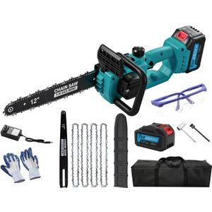 12" Brushless Electric Chainsaw, 1200W Powerful Cordless Chainsaw with Auto Oiler & Safety Lock, 14m/s High Chain Speed, 4.0Ah Battery & 4 Chains for Tree Pruning & Wood Cutting (Blue)