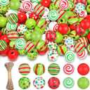 Vercraft 240 pcs Christmas Wooden Beads with Jute Twine Red and Lime Green 10 Style Spacer Polka Dot Peppermint Swirl Wood Bead for Jewelry Making DIY Garland Beaded Pen Holiday Xmas Tree Decor,16mm