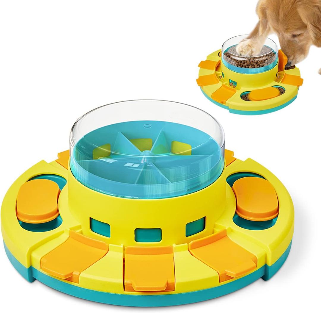 Potaroma Dog Puzzle Toy 2 Levels, Slow Feeder, Pup Food Treat Feeding Dispenser for IQ Training and Entertainment for All Breeds 4.2 Inch Height (Yellow Blue)