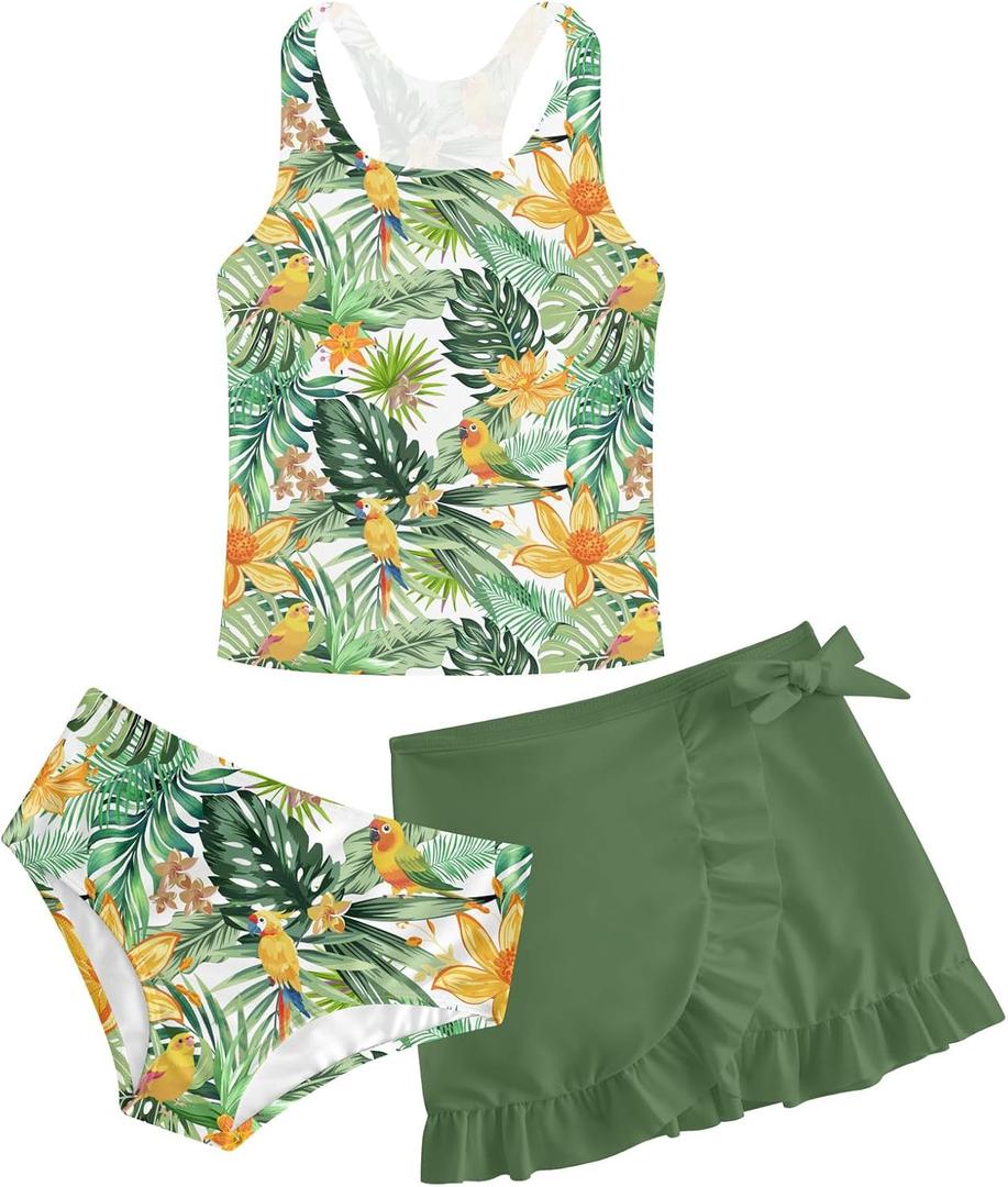Cutemile Girls Swimsuit 3 Piece Bathing Suit Quick Dry Tankini Set with Cover Up Beach Skirt Bikini Swimwear 6-12 Years (9-10 Years, Tropical Holidays)