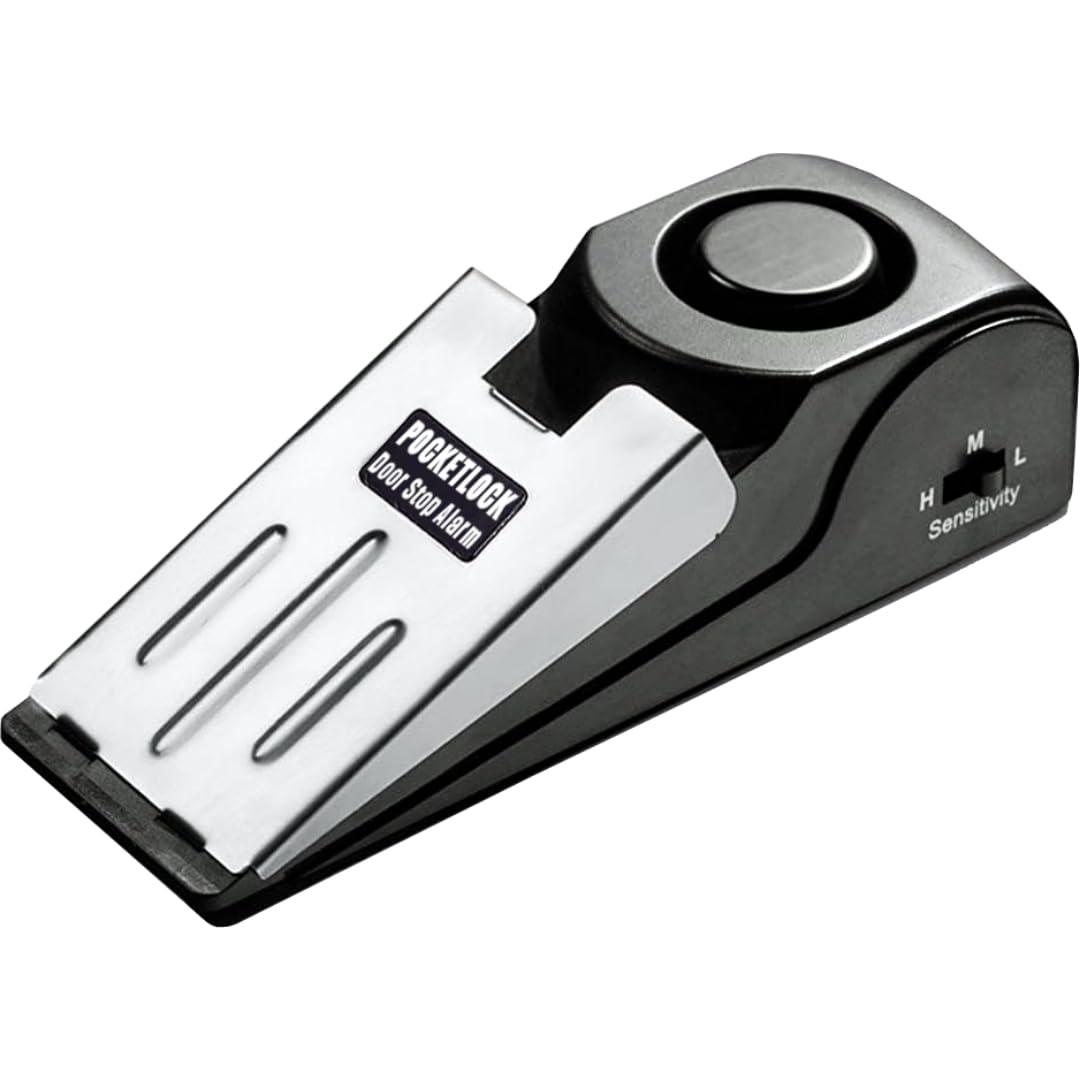 Door Stop Alarm with 120 dB Siren – Portable Travel Door Stopper Alarm Wedge for Hotel, Apartment & Dorm Security – Battery-Operated, Black, 1-Pack