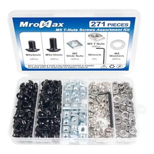 271Pcs M5 T-Nuts Screws Kit, Hammer Head T Slot Nut for 8020 2040 2020 V Slot Aluminum Extrusion Profiles, Sliding & Drop-in T-Nuts, Black M5x8 & 10mm Stainless Steel Screws and Washers, Hex Wrench