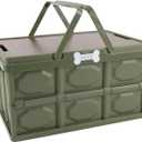 Outdoor Dog Toy Bin wtih Handles,Collapsible Dog Stuff Organizer Portable,Pet Storage Basket with Wood Cover for Dog Toys/Snack/Camping Essentials,Ideal for Car Trunk,RV Trip,Picnic-Green