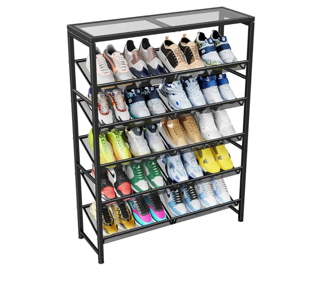 Simple Trending Shoe Rack, 6 Tier Shoe Organizer Holds 25 Pairs, Metal Shoe Storage with Adjustable Shelves, Tempered Glass, Black