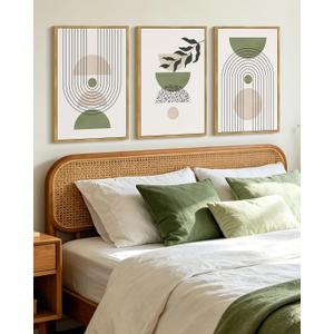 KUVIOKE Framed Green Botanical Boho Wall Art Modern Sage Bohemian Wall Decor Geometry Lines Prints Ready to Hang 16x24in (Natural Framed), 24L" x 16W" x 3 Panels Natural