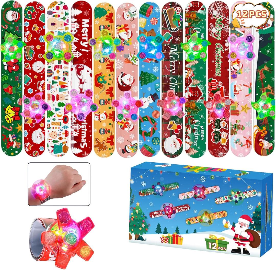 SCIONE 12 Pack Christmas Slap Bracelets + Light Up Fidget Spinners, Christmas Party Favors for Kids Xmas Gifts Christmas Goodie Bag Stuffers
